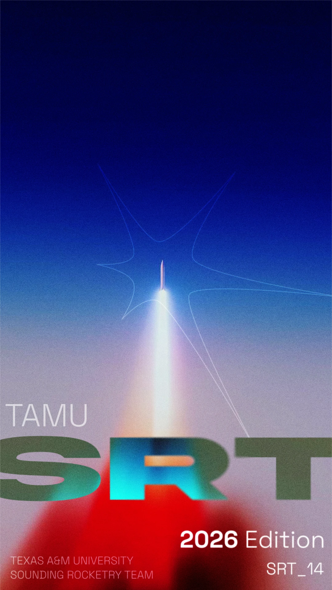 TAMU SRT 2026 Edition poster — a rocket climbing through a deep blue sky on a white plume, with "SRT" in large letters over a red glow and "SRT_14" in the corner.
