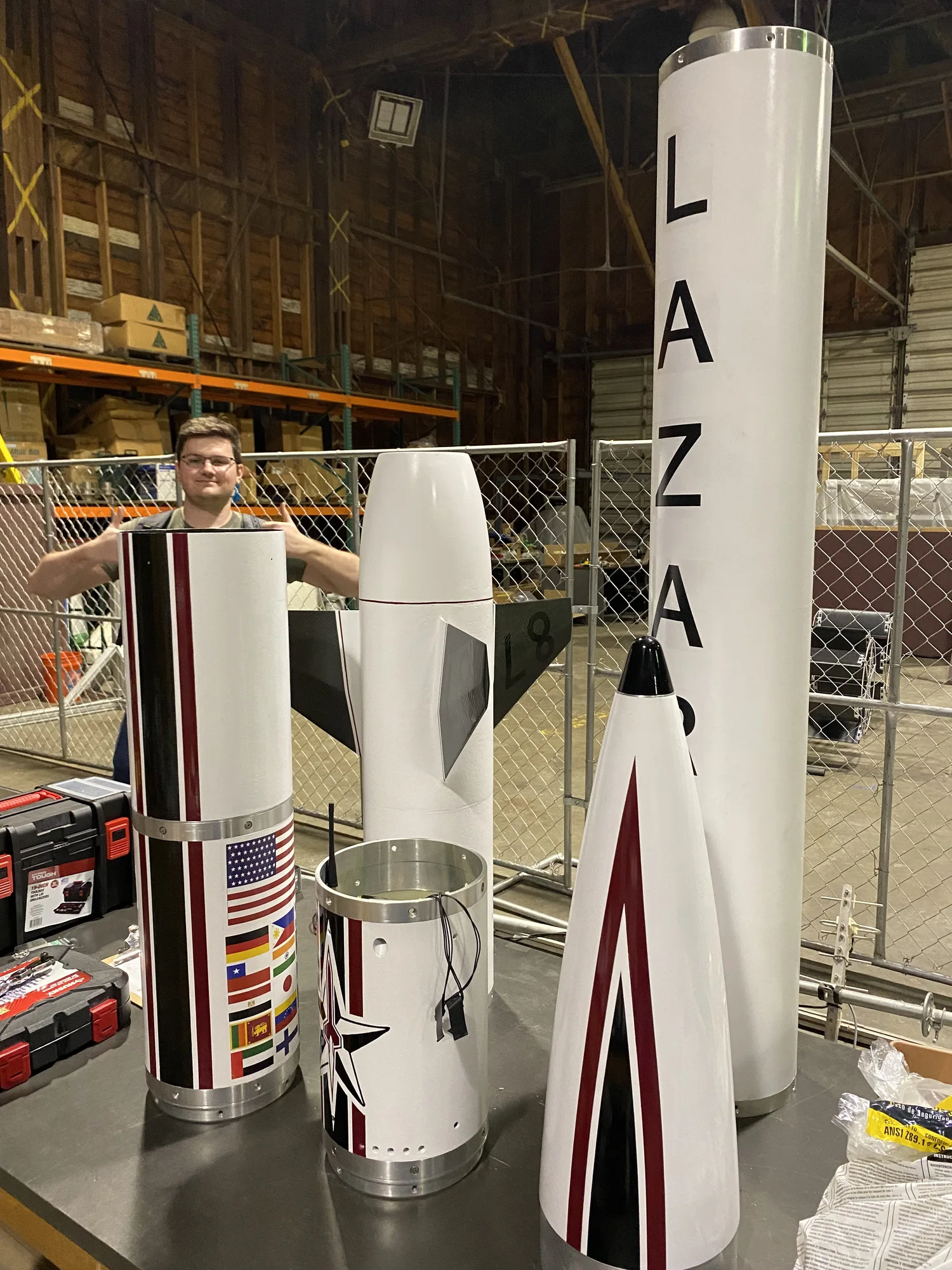 Finished Lazarus airframe sections arranged during integration.